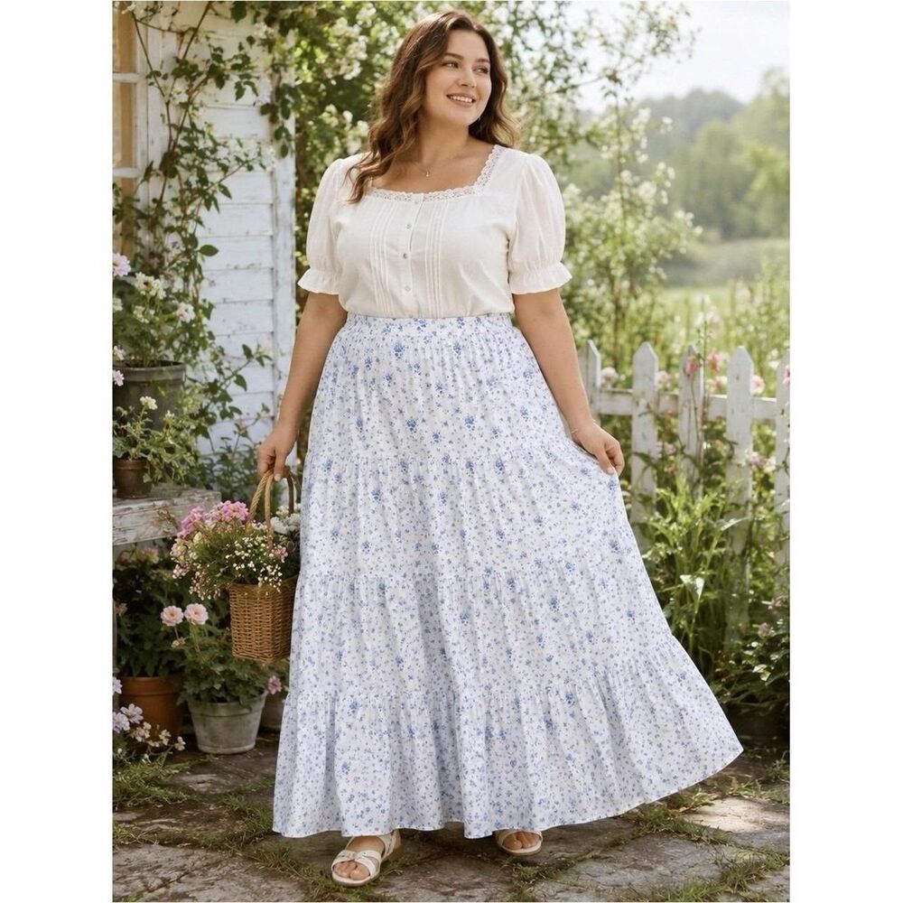 Arula White & Blue Ditsy Floral Tiered Maxi Skirt OX  XL Coquette Y2K